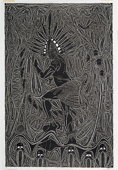 Artist: b'TIPOTI, Alick' | Title: b'Kobupa Thoerapiese (Preparing for war)' | Date: 1999 | Technique: b'linocut, printed in black ink, from one block' Artist: b'TIPOTI, Alick' | Title: b'Kobupa Thoerapiese (Preparing for war)' | Date: 1999 | Technique: b'linocut, printed in black ink, from one block'