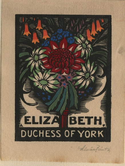 Artist: b'FEINT, Adrian' | Title: b'Bookplate: Elizabeth Duchess of York.' | Date: 1927 | Technique: b'wood-engraving, printed in black ink, from one block; hand-coloured' | Copyright: b'Courtesy the Estate of Adrian Feint' Artist: b'FEINT, Adrian' | Title: b'Bookplate: Elizabeth Duchess of York.' | Date: 1927 | Technique: b'wood-engraving, printed in black ink, from one block; hand-coloured' | Copyright: b'Courtesy the Estate of Adrian Feint'