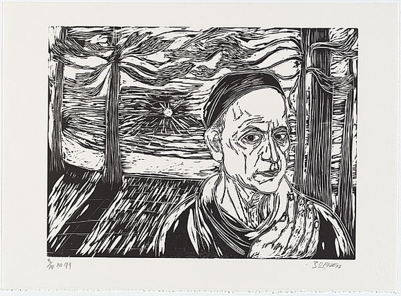 Artist: b'Zofrea, Salvatore.' | Title: b'Self-portrait at Manly Beach.' | Date: 1994-99 | Technique: b'woodcut, printed in black ink, from one magnolia woodblock' | Copyright: b'\xc2\xa9 Salvatore Zofrea, 1994-1999'