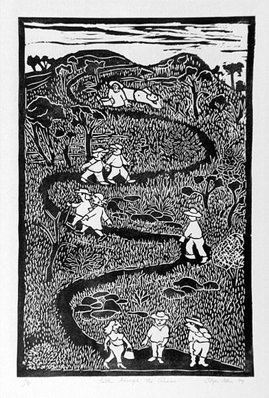Artist: b'Allen, Joyce.' | Title: b'Path through the grass.' | Date: 1989 | Technique: b'linocut, printed in black ink, from one block' Artist: b'Allen, Joyce.' | Title: b'Path through the grass.' | Date: 1989 | Technique: b'linocut, printed in black ink, from one block'