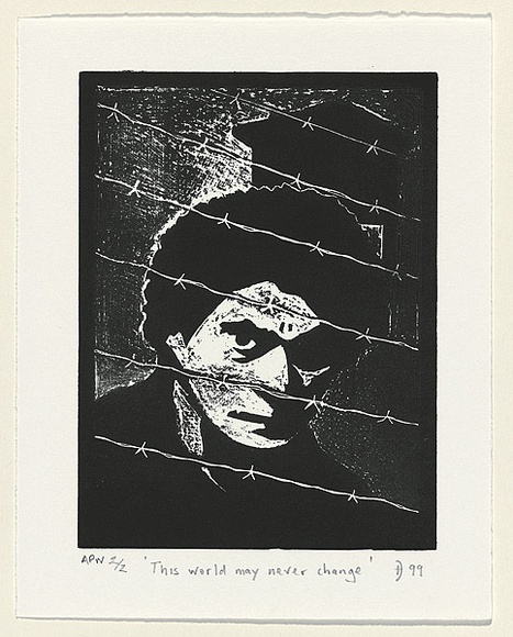 Artist: b'Tytherleigh, David.' | Title: b'The world may never change' | Date: 1999, 6 October | Technique: b'linocut, printed in black ink, from one block' Artist: b'Tytherleigh, David.' | Title: b'The world may never change' | Date: 1999, 6 October | Technique: b'linocut, printed in black ink, from one block'