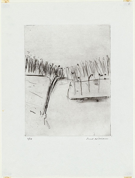 Artist: b'WILLIAMS, Fred' | Title: b'Landscape with goose' | Date: 1973 | Technique: b'drypoint, roulette, electric hand engraving tool and burnisher, printed in black ink, from one copper plate' | Copyright: b'\xc2\xa9 Fred Williams Estate' Artist: b'WILLIAMS, Fred' | Title: b'Landscape with goose' | Date: 1973 | Technique: b'drypoint, roulette, electric hand engraving tool and burnisher, printed in black ink, from one copper plate' | Copyright: b'\xc2\xa9 Fred Williams Estate'