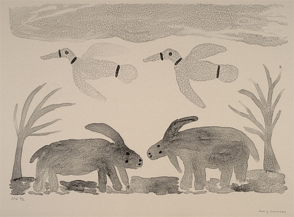 Artist: b'Jirwulurr Johnson, Amy.' | Title: b'not titled (waterbuffalos and birds)' | Date: 2000, November | Technique: b'lithograph, printed in black ink, from one aluminium plate' Artist: b'Jirwulurr Johnson, Amy.' | Title: b'not titled (waterbuffalos and birds)' | Date: 2000, November | Technique: b'lithograph, printed in black ink, from one aluminium plate'