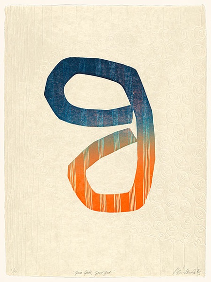 Artist: b'Clarke, Neilton.' | Title: b'Godo Godo, Good God.' | Date: 1993 | Technique: b'woodcut, printed in colour, from multiple blocks; embossing'