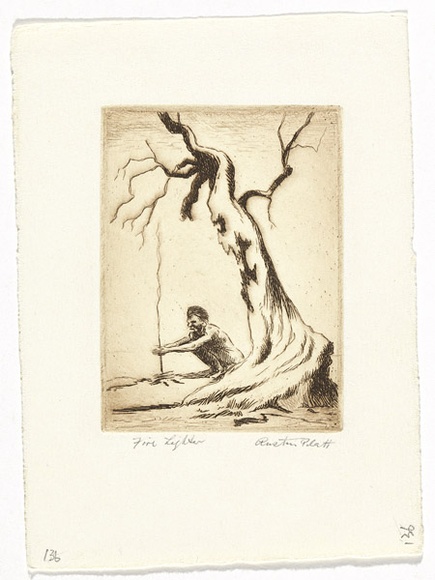 Artist: b'PLATT, Austin' | Title: b'Bookplate: Fire lighter' | Date: c.1946 | Technique: b'etching, printed in black ink, from one plate'