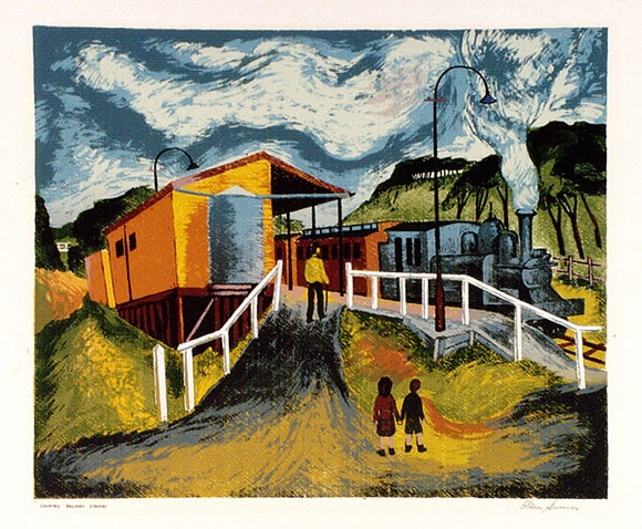 Artist: b'Sumner, Alan.' | Title: b'Country railway station' | Date: 1948 | Technique: b'screenprint, printed in colour, from 18 stencils' Artist: b'Sumner, Alan.' | Title: b'Country railway station' | Date: 1948 | Technique: b'screenprint, printed in colour, from 18 stencils'