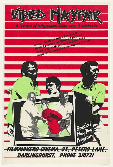 Artist: b'MACKINOLTY, Chips' | Title: b'Video mayfair' | Date: 1979 | Technique: b'screenprint, printed in colour, from three stencils' Artist: b'MACKINOLTY, Chips' | Title: b'Video mayfair' | Date: 1979 | Technique: b'screenprint, printed in colour, from three stencils'