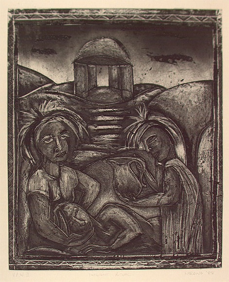 Artist: b'Harding, Richard.' | Title: b'Twilight ritual' | Date: 1988, October | Technique: b'etching and aquatint, printed in black ink, from one plate' Artist: b'Harding, Richard.' | Title: b'Twilight ritual' | Date: 1988, October | Technique: b'etching and aquatint, printed in black ink, from one plate'