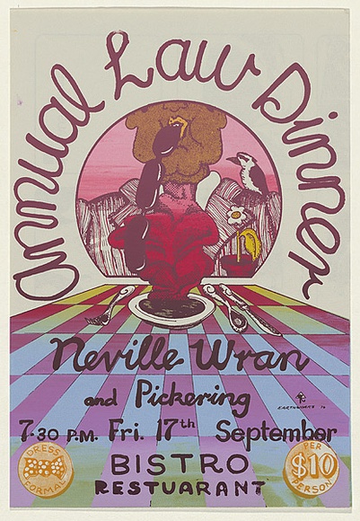 Artist: b'EARTHWORKS POSTER COLLECTIVE' | Title: b'Annual Law dinner.' | Date: 1976 | Technique: b'screenprint, printed in colour, from three stencils' Artist: b'EARTHWORKS POSTER COLLECTIVE' | Title: b'Annual Law dinner.' | Date: 1976 | Technique: b'screenprint, printed in colour, from three stencils'