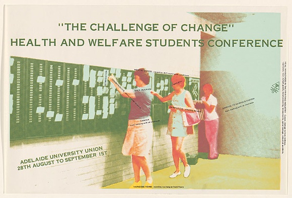 Artist: b'EARTHWORKS POSTER COLLECTIVE' | Title: b'The challenge of change'. Health and welfare students conference. | Date: 1978 | Technique: b'screenprint, printed in colour, from multiple stencils' | Copyright: b'\xc2\xa9 Marie McMahon. Licensed by VISCOPY, Australia' Artist: b'EARTHWORKS POSTER COLLECTIVE' | Title: b'The challenge of change'. Health and welfare students conference. | Date: 1978 | Technique: b'screenprint, printed in colour, from multiple stencils' | Copyright: b'\xc2\xa9 Marie McMahon. Licensed by VISCOPY, Australia'