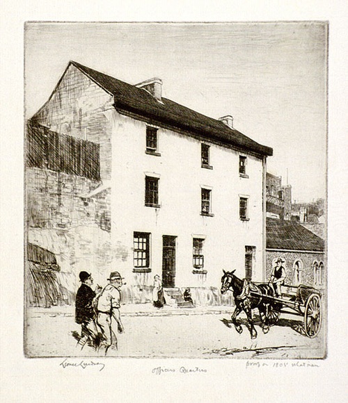 Artist: LINDSAY, Lionel | Title: Officers quarters, Kent Street | Date: 1912 | Technique: etching and drypoint, printed in black ink, from one plate | Copyright: Courtesy of the National Library of Australia Artist: LINDSAY, Lionel | Title: Officers quarters, Kent Street | Date: 1912 | Technique: etching and drypoint, printed in black ink, from one plate | Copyright: Courtesy of the National Library of Australia