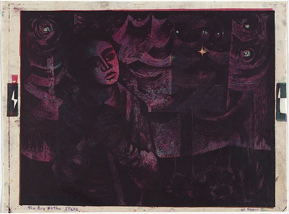 Artist: b'Gleeson, William.' | Title: b'The little boy and the stars.' | Date: c.1956 | Technique: b'lithograph, printed in colour, from four zinc plates' | Copyright: b'This work appears on screen courtesy of the artist' Artist: b'Gleeson, William.' | Title: b'The little boy and the stars.' | Date: c.1956 | Technique: b'lithograph, printed in colour, from four zinc plates' | Copyright: b'This work appears on screen courtesy of the artist'