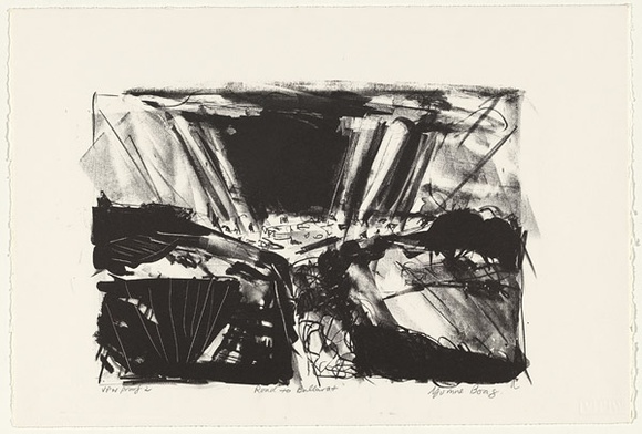 Artist: b'Boag, Yvonne.' | Title: b'Road to Ballarat' | Date: 1980s | Technique: b'lithograph, printed in black ink, from one stone' | Copyright: b'\xc2\xa9 Yvonne Boag' Artist: b'Boag, Yvonne.' | Title: b'Road to Ballarat' | Date: 1980s | Technique: b'lithograph, printed in black ink, from one stone' | Copyright: b'\xc2\xa9 Yvonne Boag'