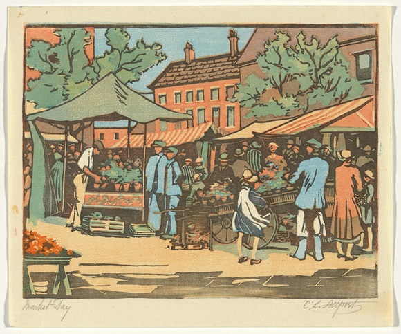 Artist: b'Allport, C.L.' | Title: b'Market Day.' | Date: c.1930 | Technique: b'linocut, printed in colour, from mutliple blocks' Artist: b'Allport, C.L.' | Title: b'Market Day.' | Date: c.1930 | Technique: b'linocut, printed in colour, from mutliple blocks'