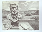 Artist: Wadelton, David. | Title: not titled [bust with rose and book on table in a landscape] | Date: 1999, September | Technique: lithograph, printed in colour, from two plates (black and cream tint)