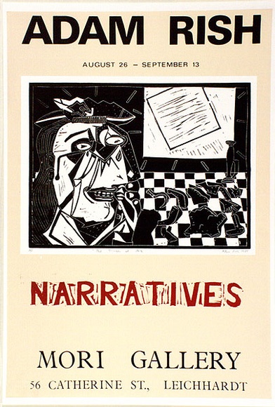 Artist: b'Rish, Adam.' | Title: b'Adam Rish narratives... Mori Gallery... Leichhardt.' | Date: 1986 | Technique: b'screenprint, printed in colour, from multiple stencils'