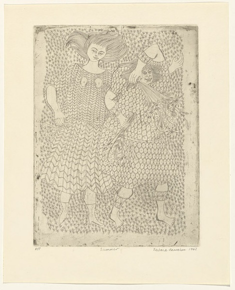 Artist: b'HANRAHAN, Barbara' | Title: b'Summer' | Date: 1962 | Technique: b'etching, printed in black, with plate-tone, from one plate' Artist: b'HANRAHAN, Barbara' | Title: b'Summer' | Date: 1962 | Technique: b'etching, printed in black, with plate-tone, from one plate'