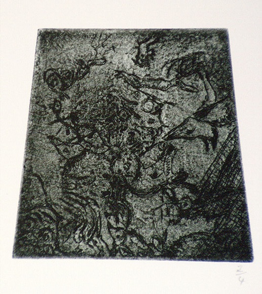 Artist: b'Shearer, Mitzi.' | Title: b'Illegible (Men in the Tunnel?)' | Date: 1982 | Technique: b'etching and aquatint, printed in black ink, from one plate' Artist: b'Shearer, Mitzi.' | Title: b'Illegible (Men in the Tunnel?)' | Date: 1982 | Technique: b'etching and aquatint, printed in black ink, from one plate'