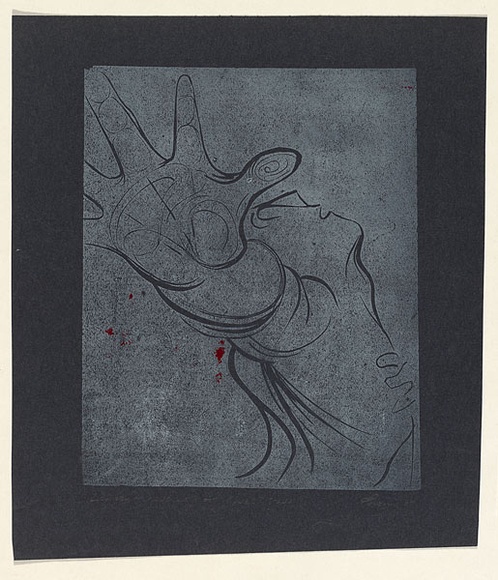 Artist: b'EWINS, Rod' | Title: b'Linocut reverse proof for Web stage 1.' | Date: 1967 | Technique: b'linocut, printed in black ink, from one block' Artist: b'EWINS, Rod' | Title: b'Linocut reverse proof for Web stage 1.' | Date: 1967 | Technique: b'linocut, printed in black ink, from one block'