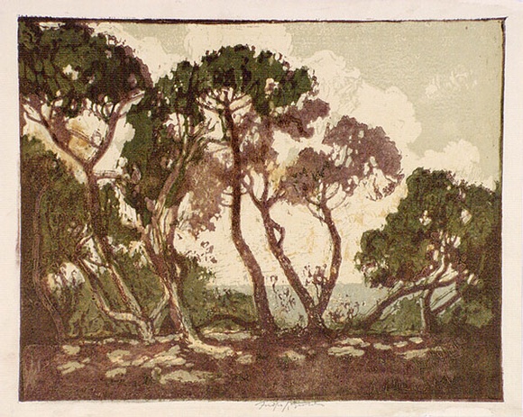Artist: b'Reynolds, Frederick George.' | Title: b'Ti-tree' | Date: (1929) | Technique: b'linocut, printed in colour, from mutliple blocks' Artist: b'Reynolds, Frederick George.' | Title: b'Ti-tree' | Date: (1929) | Technique: b'linocut, printed in colour, from mutliple blocks'