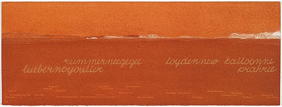 Artist: b'MADDOCK, Bea' | Title: b'Terra Spiritus...with a darker shade of pale' | Date: 1993-98 | Technique: b'stencil print, printed in hand-ground Launceston ochre from multiple hand-cut mylar stencils; letterpress text blind printed; hand-drawn script' Artist: b'MADDOCK, Bea' | Title: b'Terra Spiritus...with a darker shade of pale' | Date: 1993-98 | Technique: b'stencil print, printed in hand-ground Launceston ochre from multiple hand-cut mylar stencils; letterpress text blind printed; hand-drawn script'
