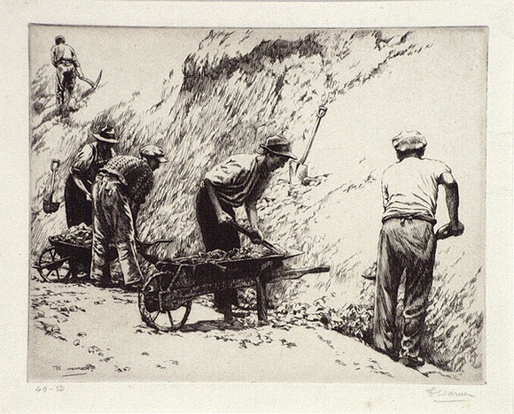 Artist: b'Warner, Alfred Edward.' | Title: b'Road makers' | Date: 1935 | Technique: b'etching, printed in brown ink with plate-tone, from one plate' Artist: b'Warner, Alfred Edward.' | Title: b'Road makers' | Date: 1935 | Technique: b'etching, printed in brown ink with plate-tone, from one plate'