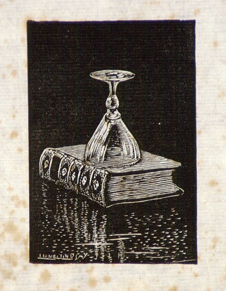 Artist: b'LINDSAY, Lionel' | Title: b'(Upturned glass and closed book)' | Date: 1950 | Technique: b'wood-engraving, printed in black ink, from one block' | Copyright: b'Courtesy of the National Library of Australia' Artist: b'LINDSAY, Lionel' | Title: b'(Upturned glass and closed book)' | Date: 1950 | Technique: b'wood-engraving, printed in black ink, from one block' | Copyright: b'Courtesy of the National Library of Australia'