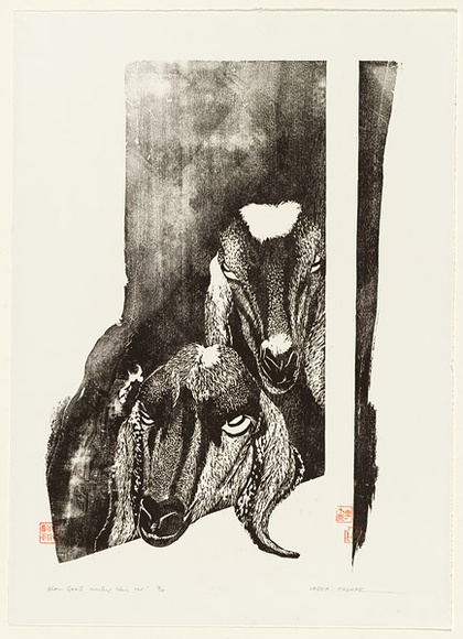 Artist: b'Thorpe, Lesbia.' | Title: b'Show goats waiting their cue!' | Date: 1983 | Technique: b'woodcut, printed in black ink, from two blocks' Artist: b'Thorpe, Lesbia.' | Title: b'Show goats waiting their cue!' | Date: 1983 | Technique: b'woodcut, printed in black ink, from two blocks'