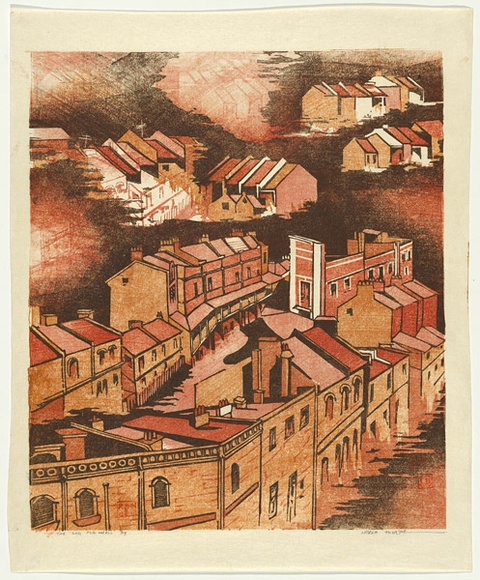 Artist: b'Thorpe, Lesbia.' | Title: bThe 'Loo' Pub and all | Date: 1980 | Technique: b'woodcut, printed in colour, from four blocks' Artist: b'Thorpe, Lesbia.' | Title: bThe 'Loo' Pub and all | Date: 1980 | Technique: b'woodcut, printed in colour, from four blocks'