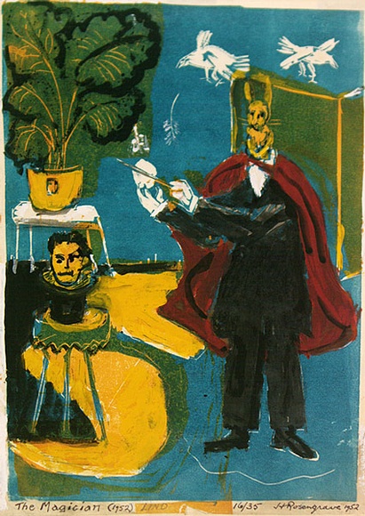 Artist: b'ROSENGRAVE, Harry' | Title: b'The magician' | Date: 1952 | Technique: b'linocut, printed in colour from two blocks; hand-coloured' Artist: b'ROSENGRAVE, Harry' | Title: b'The magician' | Date: 1952 | Technique: b'linocut, printed in colour from two blocks; hand-coloured'