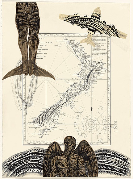 Artist: b'Tuffery, Michel.' | Title: bMata Mata Va'a | Date: 2005 | Technique: b'woodcut collage, printed in black ink, from multiple blocks; additions in graphite' | Copyright: b'\xc2\xa9 Michel Tuffery' Artist: b'Tuffery, Michel.' | Title: bMata Mata Va'a | Date: 2005 | Technique: b'woodcut collage, printed in black ink, from multiple blocks; additions in graphite' | Copyright: b'\xc2\xa9 Michel Tuffery'