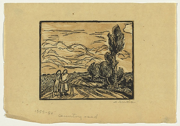 Artist: b'Groblicka, Lidia.' | Title: b'Country road' | Date: 1955-56 | Technique: b'woodcut and linocut, printed in colour, from two blocks' Artist: b'Groblicka, Lidia.' | Title: b'Country road' | Date: 1955-56 | Technique: b'woodcut and linocut, printed in colour, from two blocks'