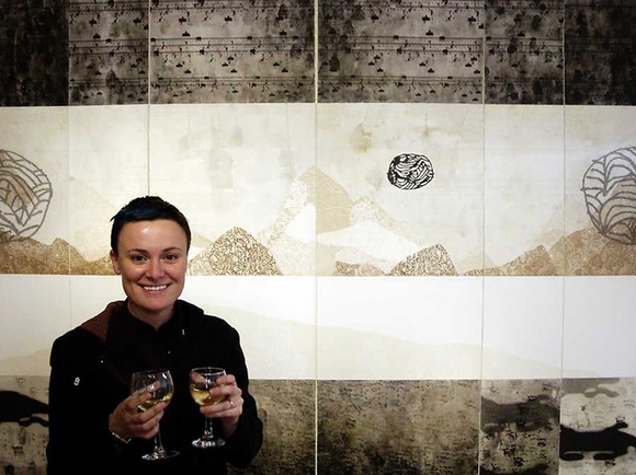Artist: b'Butler, Roger' | Title: b'Belind Fox, celebrating after winning the Silk Cut Prize for linocut prints, 2004.' | Date: 2006 Artist: b'Butler, Roger' | Title: b'Belind Fox, celebrating after winning the Silk Cut Prize for linocut prints, 2004.' | Date: 2006