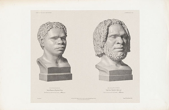 Artist: bDumont-D'Urville, Jules S\xc3\xa9bastien C\xc3\xa9sar. | Title: b'Tasmanian Aboriginal heads.' | Date: 1841-45 | Technique: b'lithograph, printed in black ink, from one stone' Artist: bDumont-D'Urville, Jules S\xc3\xa9bastien C\xc3\xa9sar. | Title: b'Tasmanian Aboriginal heads.' | Date: 1841-45 | Technique: b'lithograph, printed in black ink, from one stone'