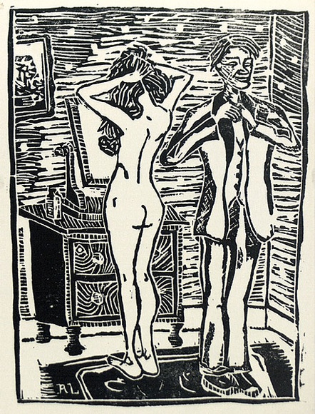Artist: b'Larter, Richard.' | Title: b'Woman and man (one of 2): from the Age of reason' | Date: c.1958 | Technique: b'linocut, printed in black ink, from one block' Artist: b'Larter, Richard.' | Title: b'Woman and man (one of 2): from the Age of reason' | Date: c.1958 | Technique: b'linocut, printed in black ink, from one block'