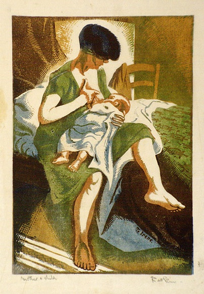 Artist: b'Hawkins, Weaver.' | Title: b'Mother and child' | Date: c.1928 | Technique: b'woodcut, printed in colour, from multiple blocks' | Copyright: b'The Estate of H.F Weaver Hawkins' Artist: b'Hawkins, Weaver.' | Title: b'Mother and child' | Date: c.1928 | Technique: b'woodcut, printed in colour, from multiple blocks' | Copyright: b'The Estate of H.F Weaver Hawkins'