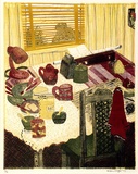 Artist: Eager, Helen. | Title: (Kitchen table and venetian blind). | Date: 1977 | Technique: lithograph, printed in colour, from multiple blocks; collage