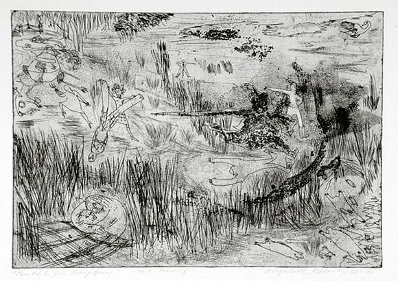 Artist: b'Rooney, Elizabeth.' | Title: b'Battle for Bong Bong' | Date: 1969-71 | Technique: b'etching, aquatint and flat biting, printed in black ink with plate-tone, from one copper plate' Artist: b'Rooney, Elizabeth.' | Title: b'Battle for Bong Bong' | Date: 1969-71 | Technique: b'etching, aquatint and flat biting, printed in black ink with plate-tone, from one copper plate'