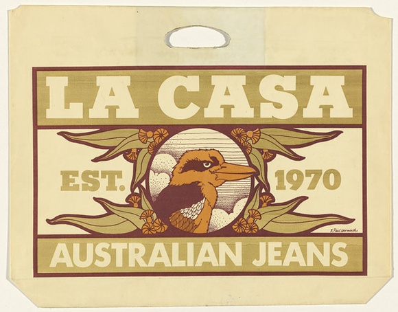 Artist: b'UNKNOWN' | Title: b'Shopping Bag: La Casa - Australian Jeans.' | Date: 1980s | Technique: b'screenprint' Artist: b'UNKNOWN' | Title: b'Shopping Bag: La Casa - Australian Jeans.' | Date: 1980s | Technique: b'screenprint'