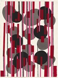 Title: not titled [vertical lines in pink red and grey over black and grey irregular circles] | Date: 2011 | Technique: screenprint, printed in colour, from multiple stencils