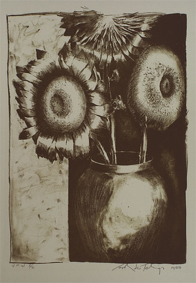 Artist: b'de Teliga, Sarah.' | Title: b'Sunflowers' | Date: 1988 | Technique: b'lithograph, printed in green ink, from one stone' Artist: b'de Teliga, Sarah.' | Title: b'Sunflowers' | Date: 1988 | Technique: b'lithograph, printed in green ink, from one stone'