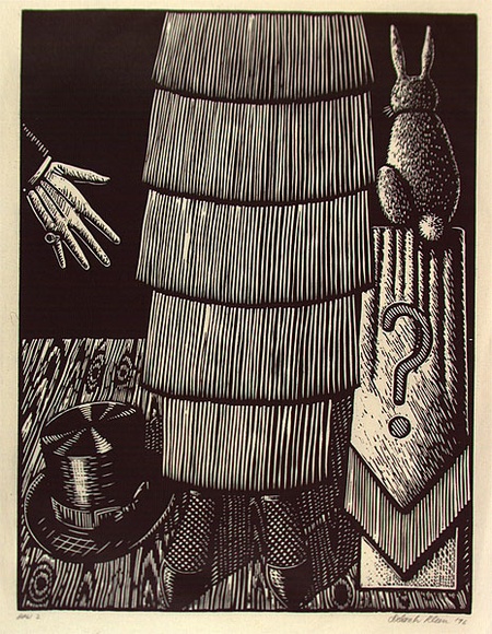 Artist: b'Klein, Deborah.' | Title: b'See the lady sawn in half!' | Date: 1997 | Technique: b'linocut, printed in black ink, from one block' Artist: b'Klein, Deborah.' | Title: b'See the lady sawn in half!' | Date: 1997 | Technique: b'linocut, printed in black ink, from one block'
