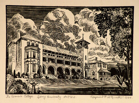 Artist: b'McGrath, Raymond.' | Title: bThe Women's College. University of Sydney. | Date: 1924 | Technique: b'wood-engraving, printed in black ink, from one block' Artist: b'McGrath, Raymond.' | Title: bThe Women's College. University of Sydney. | Date: 1924 | Technique: b'wood-engraving, printed in black ink, from one block'