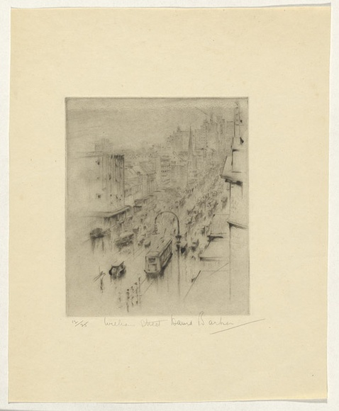 Artist: b'Barker, David.' | Title: b'William Street.' | Date: (1930) | Technique: b'drypoint, printed in black ink with plate-tone, from one plate' Artist: b'Barker, David.' | Title: b'William Street.' | Date: (1930) | Technique: b'drypoint, printed in black ink with plate-tone, from one plate'