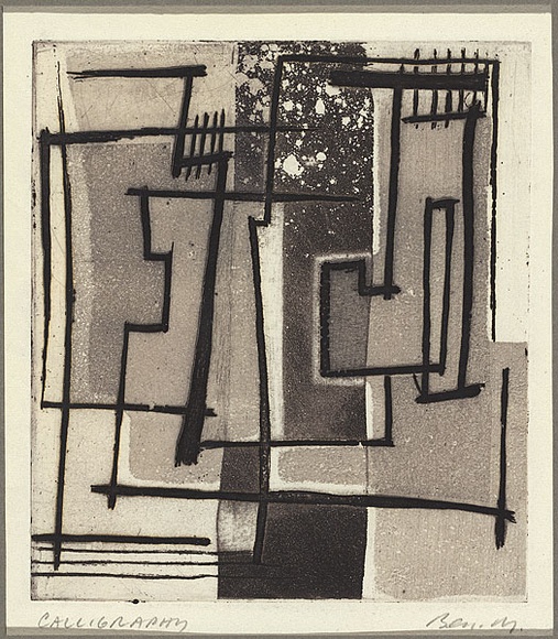 Artist: b'MADDOCK, Bea' | Title: b'Calligraphy' | Date: 1959 | Technique: b'etching, aquatint, deep etch and relief-etching, printed in colour, from one copper plate' Artist: b'MADDOCK, Bea' | Title: b'Calligraphy' | Date: 1959 | Technique: b'etching, aquatint, deep etch and relief-etching, printed in colour, from one copper plate'