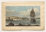 Title: Sydney from Pinchgut Island | Date: 1826 | Technique: lithograph, printed in black ink, from one stone; hand-coloured
