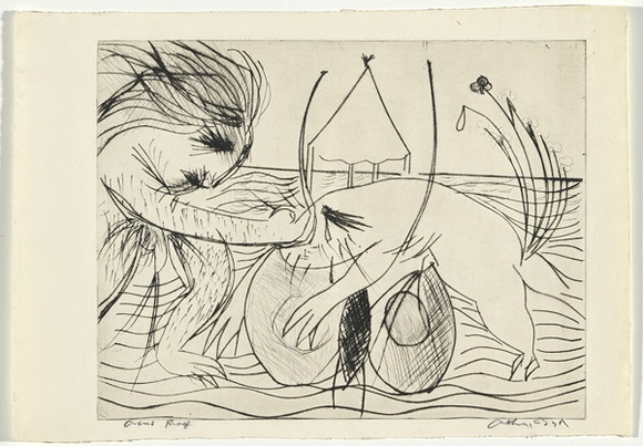 Artist: b'BOYD, Arthur' | Title: b'Figure with beast and moth over water.' | Date: (1968-69) | Technique: b'drypoint, printed in black ink, from one plate' | Copyright: b'Reproduced with permission of Bundanon Trust' Artist: b'BOYD, Arthur' | Title: b'Figure with beast and moth over water.' | Date: (1968-69) | Technique: b'drypoint, printed in black ink, from one plate' | Copyright: b'Reproduced with permission of Bundanon Trust'