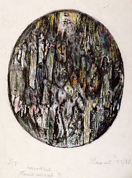 Artist: b'Shearer, Mitzi.' | Title: b'not titled [oval]' | Date: 1977-85 | Technique: b'woodcut, printed in black ink, from one block, hand-coloured, various colour'