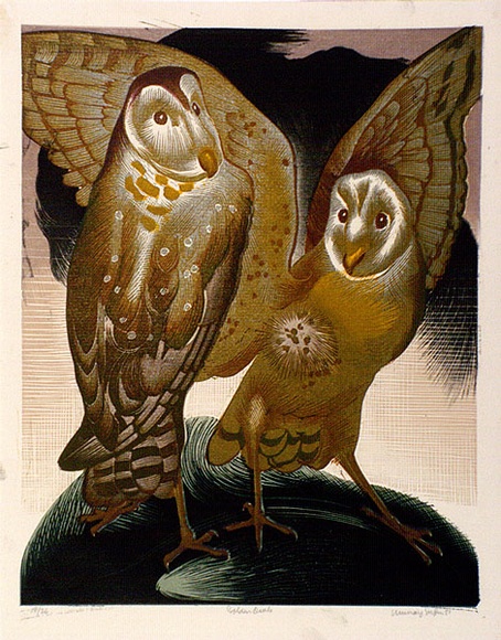 Artist: b'Griffin, Murray.' | Title: b'Golden owls' | Date: 1951 | Technique: b'linocut, printed in colour, from multiple blocks' Artist: b'Griffin, Murray.' | Title: b'Golden owls' | Date: 1951 | Technique: b'linocut, printed in colour, from multiple blocks'