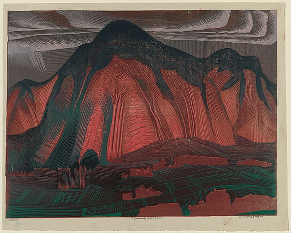 Artist: b'Griffin, Murray.' | Title: b'Burning mountain' | Date: 1966 | Technique: b'linocut, printed in colour, from multiple blocks' Artist: b'Griffin, Murray.' | Title: b'Burning mountain' | Date: 1966 | Technique: b'linocut, printed in colour, from multiple blocks'